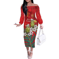 New Zealand Kakapo Christmas Off The Shoulder Long Sleeve Dress Owl Parrot Santa Sliver Fern Manuka - Red LT14 Women Red - Polynesian Pride