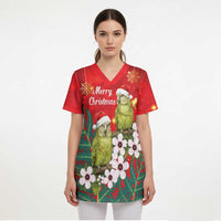 New Zealand Kakapo Christmas Scrub Top Owl Parrot Santa Sliver Fern Manuka - Red LT14 - Polynesian Pride