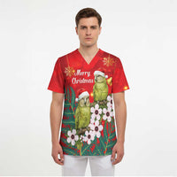 New Zealand Kakapo Christmas Scrub Top Owl Parrot Santa Sliver Fern Manuka - Red LT14 - Polynesian Pride