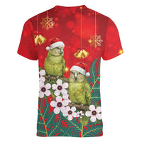 New Zealand Kakapo Christmas Women V-Neck T-Shirt Owl Parrot Santa Sliver Fern Manuka - Red LT14 - Polynesian Pride