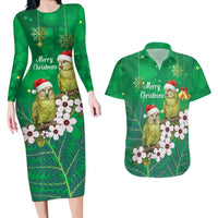 New Zealand Kakapo Christmas Couples Matching Long Sleeve Bodycon Dress and Hawaiian Shirt Owl Parrot Santa Sliver Fern Manuka - Green LT14 Green - Polynesian Pride