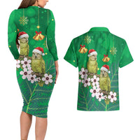 New Zealand Kakapo Christmas Couples Matching Long Sleeve Bodycon Dress and Hawaiian Shirt Owl Parrot Santa Sliver Fern Manuka - Green LT14 - Polynesian Pride
