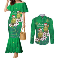 New Zealand Kakapo Christmas Couples Matching Mermaid Dress and Long Sleeve Button Shirt Owl Parrot Santa Sliver Fern Manuka - Green LT14 Green - Polynesian Pride