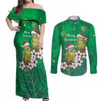 New Zealand Kakapo Christmas Couples Matching Off Shoulder Maxi Dress and Long Sleeve Button Shirt Owl Parrot Santa Sliver Fern Manuka - Green LT14 Green - Polynesian Pride