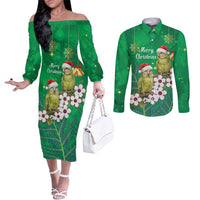 New Zealand Kakapo Christmas Couples Matching Off The Shoulder Long Sleeve Dress and Long Sleeve Button Shirt Owl Parrot Santa Sliver Fern Manuka - Green LT14 Green - Polynesian Pride