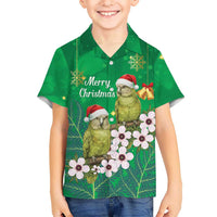 New Zealand Kakapo Christmas Family Matching Off Shoulder Short Dress and Hawaiian Shirt Owl Parrot Santa Sliver Fern Manuka - Green LT14 - Polynesian Pride