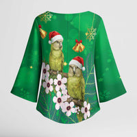 New Zealand Kakapo Christmas Kimono Sleeve Blouse Owl Parrot Santa Sliver Fern Manuka - Green LT14 - Polynesian Pride