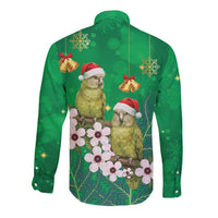 New Zealand Kakapo Christmas Long Sleeve Button Shirt Owl Parrot Santa Sliver Fern Manuka - Green LT14 - Polynesian Pride