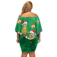 New Zealand Kakapo Christmas Off Shoulder Short Dress Owl Parrot Santa Sliver Fern Manuka - Green LT14 - Polynesian Pride