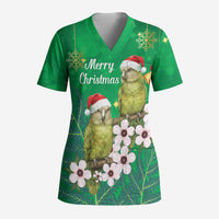 New Zealand Kakapo Christmas Scrub Top Owl Parrot Santa Sliver Fern Manuka - Green LT14 Adult Green - Polynesian Pride