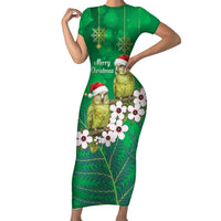 New Zealand Kakapo Christmas Short Sleeve Bodycon Dress Owl Parrot Santa Sliver Fern Manuka - Green LT14 Long Dress Green - Polynesian Pride