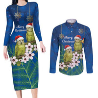 New Zealand Kakapo Christmas Couples Matching Long Sleeve Bodycon Dress and Long Sleeve Button Shirt Owl Parrot Santa Sliver Fern Manuka - Blue LT14 Blue - Polynesian Pride