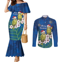 New Zealand Kakapo Christmas Couples Matching Mermaid Dress and Long Sleeve Button Shirt Owl Parrot Santa Sliver Fern Manuka - Blue LT14 Blue - Polynesian Pride