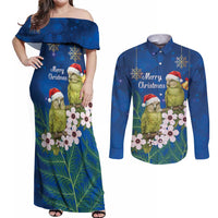 New Zealand Kakapo Christmas Couples Matching Off Shoulder Maxi Dress and Long Sleeve Button Shirt Owl Parrot Santa Sliver Fern Manuka - Blue LT14 Blue - Polynesian Pride