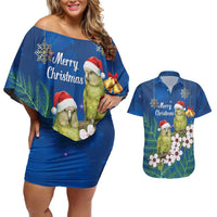 New Zealand Kakapo Christmas Couples Matching Off Shoulder Short Dress and Hawaiian Shirt Owl Parrot Santa Sliver Fern Manuka - Blue LT14 Blue - Polynesian Pride