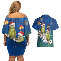 New Zealand Kakapo Christmas Couples Matching Off Shoulder Short Dress and Hawaiian Shirt Owl Parrot Santa Sliver Fern Manuka - Blue LT14 - Polynesian Pride
