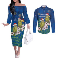 New Zealand Kakapo Christmas Couples Matching Off The Shoulder Long Sleeve Dress and Long Sleeve Button Shirt Owl Parrot Santa Sliver Fern Manuka - Blue LT14 Blue - Polynesian Pride