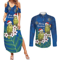 New Zealand Kakapo Christmas Couples Matching Summer Maxi Dress and Long Sleeve Button Shirt Owl Parrot Santa Sliver Fern Manuka - Blue LT14 Blue - Polynesian Pride