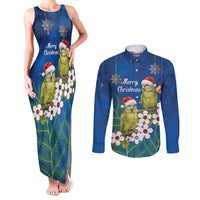 New Zealand Kakapo Christmas Couples Matching Tank Maxi Dress and Long Sleeve Button Shirt Owl Parrot Santa Sliver Fern Manuka - Blue LT14 Blue - Polynesian Pride