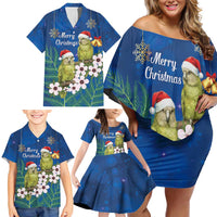 New Zealand Kakapo Christmas Family Matching Off Shoulder Short Dress and Hawaiian Shirt Owl Parrot Santa Sliver Fern Manuka - Blue LT14 - Polynesian Pride