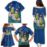 New Zealand Kakapo Christmas Family Matching Puletasi and Hawaiian Shirt Owl Parrot Santa Sliver Fern Manuka - Blue LT14 - Polynesian Pride