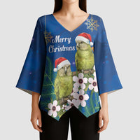 New Zealand Kakapo Christmas Kimono Sleeve Blouse Owl Parrot Santa Sliver Fern Manuka - Blue LT14 - Polynesian Pride