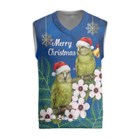 New Zealand Kakapo Christmas Knitted V-Neck Vest Owl Parrot Santa Sliver Fern Manuka - Blue LT14 Blue - Polynesian Pride