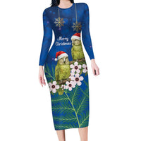 New Zealand Kakapo Christmas Long Sleeve Bodycon Dress Owl Parrot Santa Sliver Fern Manuka - Blue LT14 Long Dress Blue - Polynesian Pride