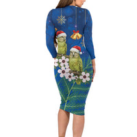 New Zealand Kakapo Christmas Long Sleeve Bodycon Dress Owl Parrot Santa Sliver Fern Manuka - Blue LT14 - Polynesian Pride