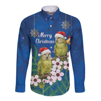 New Zealand Kakapo Christmas Long Sleeve Button Shirt Owl Parrot Santa Sliver Fern Manuka - Blue LT14 Unisex Blue - Polynesian Pride