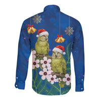 New Zealand Kakapo Christmas Long Sleeve Button Shirt Owl Parrot Santa Sliver Fern Manuka - Blue LT14 - Polynesian Pride