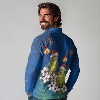 New Zealand Kakapo Christmas Long Sleeve Polo Shirt Owl Parrot Santa Sliver Fern Manuka - Blue LT14 - Polynesian Pride