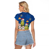 New Zealand Kakapo Christmas Raglan Cropped T Shirt Owl Parrot Santa Sliver Fern Manuka - Blue LT14 - Polynesian Pride