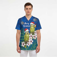 New Zealand Kakapo Christmas Scrub Top Owl Parrot Santa Sliver Fern Manuka - Blue LT14 - Polynesian Pride
