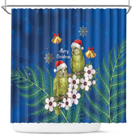 New Zealand Kakapo Christmas Shower Curtain Owl Parrot Santa Sliver Fern Manuka - Blue LT14 Blue - Polynesian Pride
