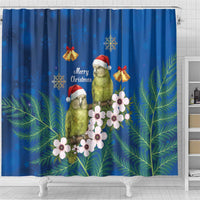New Zealand Kakapo Christmas Shower Curtain Owl Parrot Santa Sliver Fern Manuka - Blue LT14 - Polynesian Pride