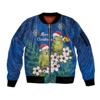 New Zealand Kakapo Christmas Sleeve Zip Bomber Jacket Owl Parrot Santa Sliver Fern Manuka - Blue LT14 Unisex Blue - Polynesian Pride