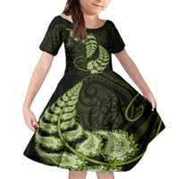 Green New Zealand Paisley Silver Fern Family Matching Tank Maxi Dress and Hawaiian Shirt Aotearoa Maori LT14 Daughter's Dress Green - Polynesian Pride