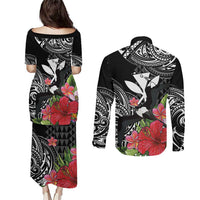 Hawaii Iwa Bird Couples Matching Puletasi and Long Sleeve Button Shirt Great Frigatebird Kanaka Tropical Flowers LT14 - Polynesian Pride