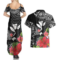 Hawaii Iwa Bird Couples Matching Summer Maxi Dress and Hawaiian Shirt Great Frigatebird Kanaka Tropical Flowers LT14 - Polynesian Pride