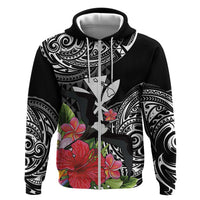 Hawaii Iwa Bird Hoodie Great Frigatebird Kanaka Tropical Flowers LT14 Zip Hoodie Black - Polynesian Pride