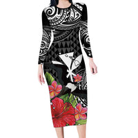 Hawaii Iwa Bird Long Sleeve Bodycon Dress Great Frigatebird Kanaka Tropical Flowers LT14 Long Dress Black - Polynesian Pride