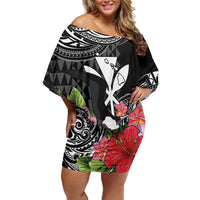 Hawaii Iwa Bird Off Shoulder Short Dress Great Frigatebird Kanaka Tropical Flowers LT14 Women Black - Polynesian Pride