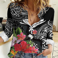 Hawaii Iwa Bird Women Casual Shirt Great Frigatebird Kanaka Tropical Flowers LT14 Female Black - Polynesian Pride