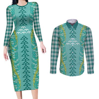 Teal Palaka Hawaii Iwa Bird Couples Matching Long Sleeve Bodycon Dress and Long Sleeve Button Shirt Hawaiian Kakau Jade Vine Lei LT14 Teal - Polynesian Pride
