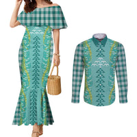 Teal Palaka Hawaii Iwa Bird Couples Matching Mermaid Dress and Long Sleeve Button Shirt Hawaiian Kakau Jade Vine Lei LT14 Teal - Polynesian Pride