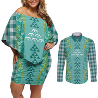Teal Palaka Hawaii Iwa Bird Couples Matching Off Shoulder Short Dress and Long Sleeve Button Shirt Hawaiian Kakau Jade Vine Lei LT14 Teal - Polynesian Pride