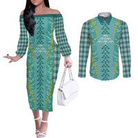 Teal Palaka Hawaii Iwa Bird Couples Matching Off The Shoulder Long Sleeve Dress and Long Sleeve Button Shirt Hawaiian Kakau Jade Vine Lei LT14 Teal - Polynesian Pride