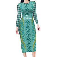 Teal Palaka Hawaii Iwa Bird Family Matching Long Sleeve Bodycon Dress and Hawaiian Shirt Hawaiian Kakau Jade Vine Lei LT14 Mom's Dress Teal - Polynesian Pride