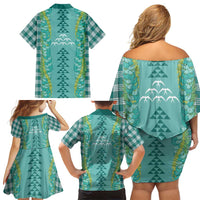 Teal Palaka Hawaii Iwa Bird Family Matching Off Shoulder Short Dress and Hawaiian Shirt Hawaiian Kakau Jade Vine Lei LT14 - Polynesian Pride